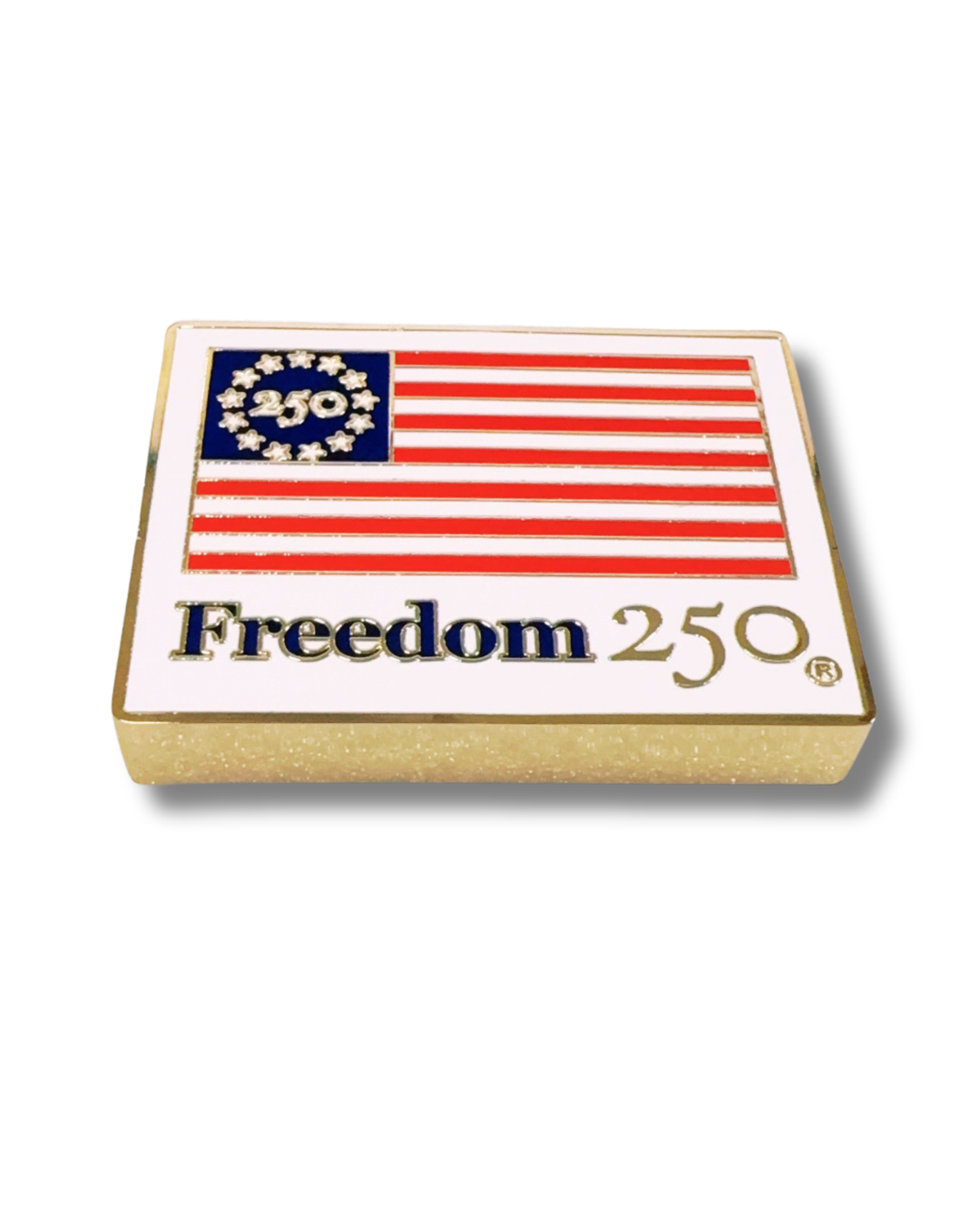 Box with American flag design and 'Freedom 250' text on a white background