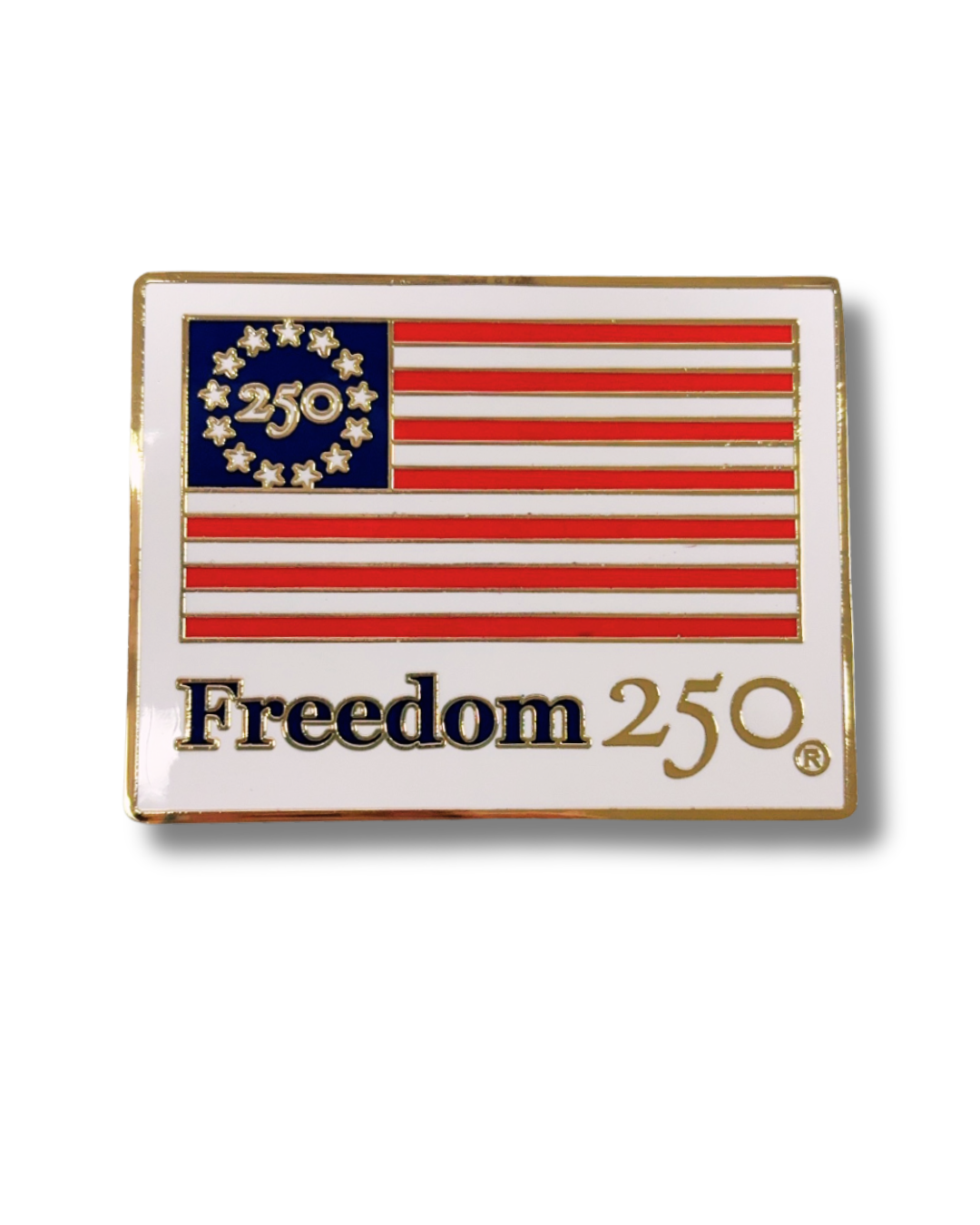 Pin with American flag design and 'Freedom 250' text on a white background