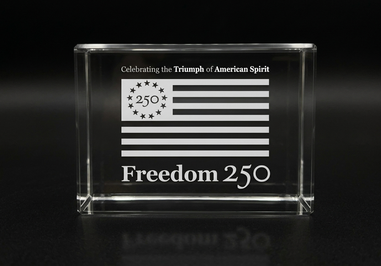 Clear glass block with engraved American flag and text on a black background