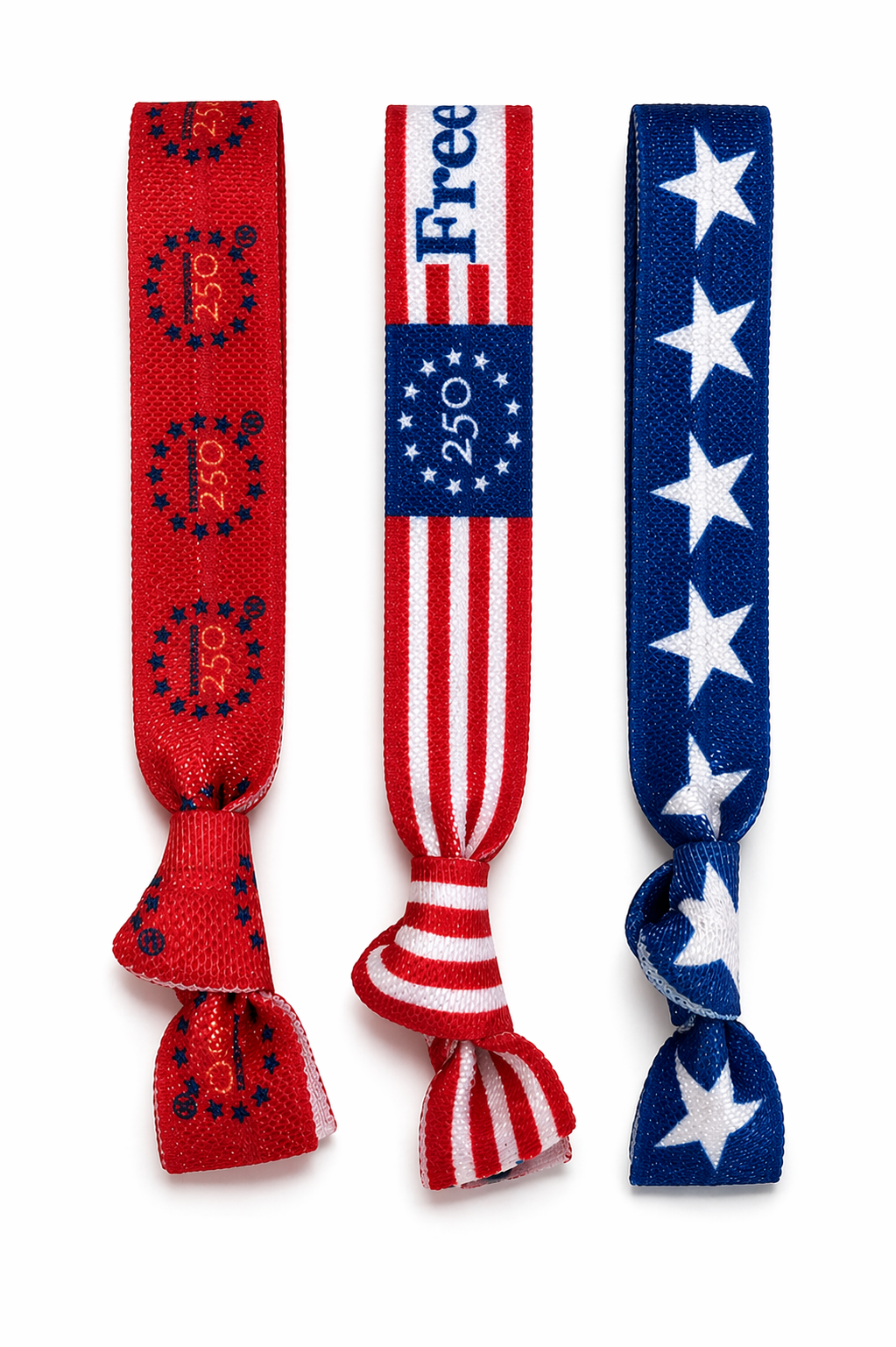 Three hair ties with American flag design on a white background