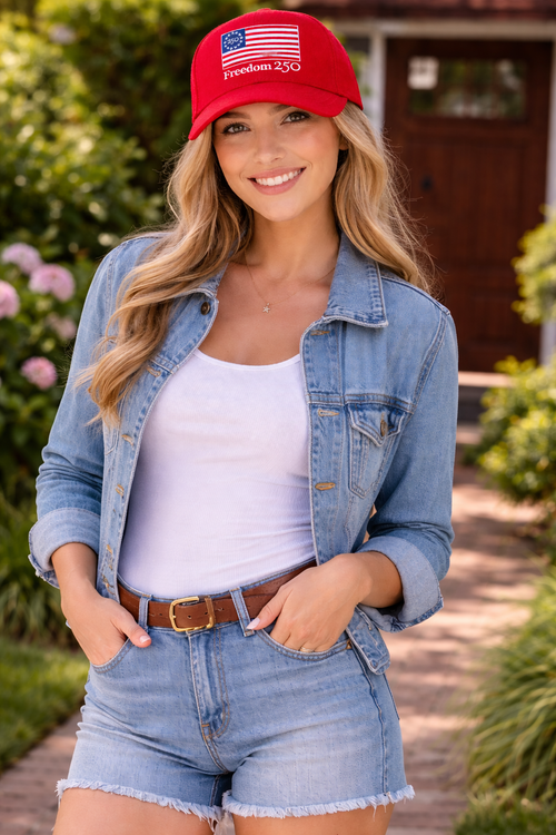 Woman wearing a red cap with an American flag design, denim jacket, white shirt, and shorts outdoors.