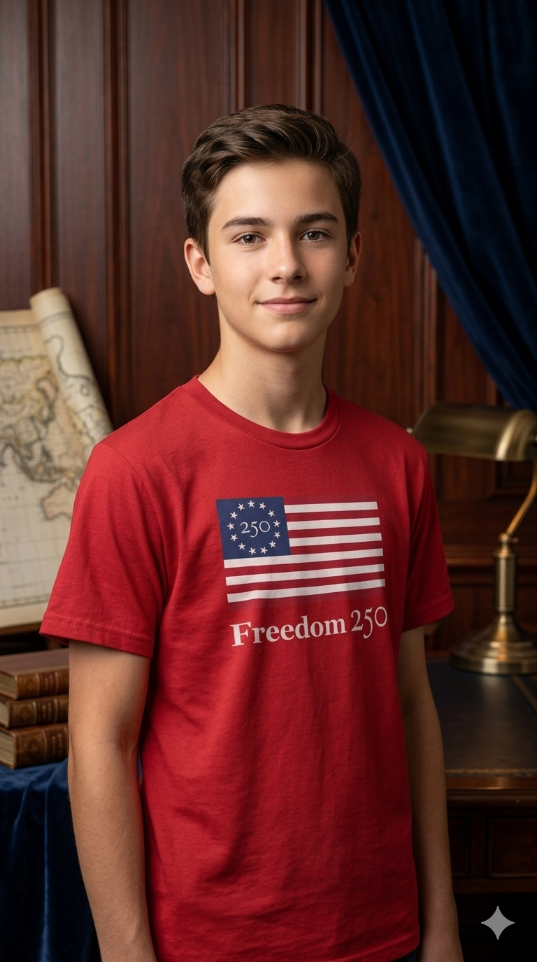 Person wearing a red t-shirt with an American flag design and 'Freedom 250' text.