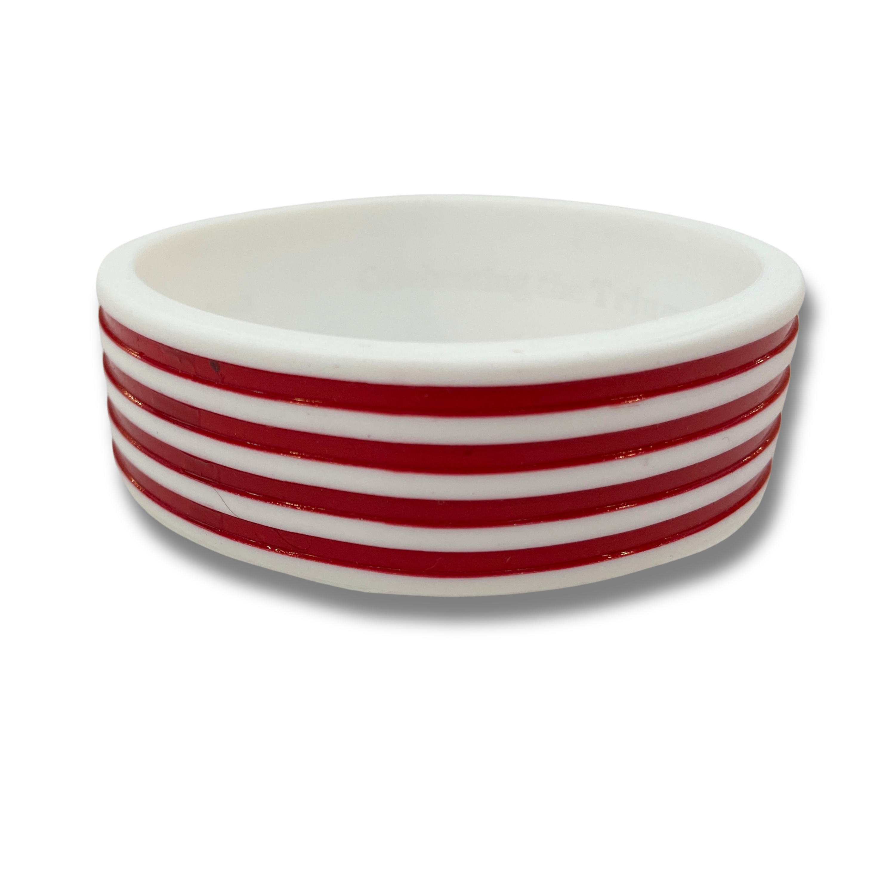 Ceramic bowl with red and white stripes on a white background