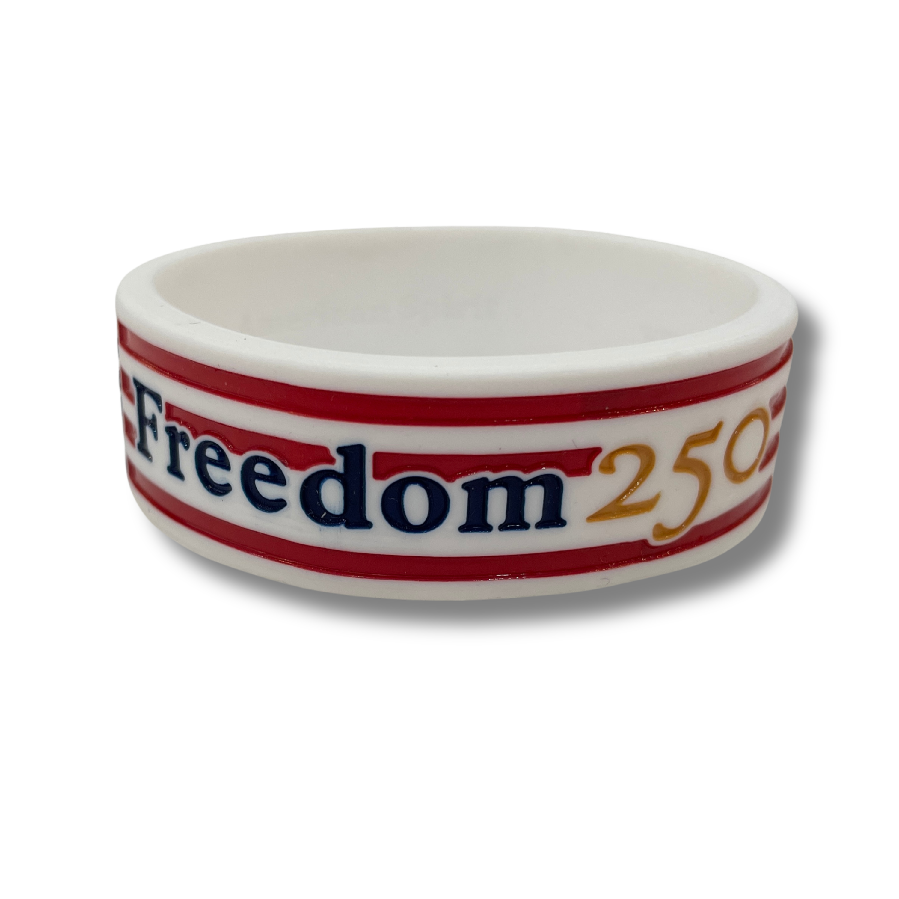 Wristband with 'Freedom 250' text on a white background