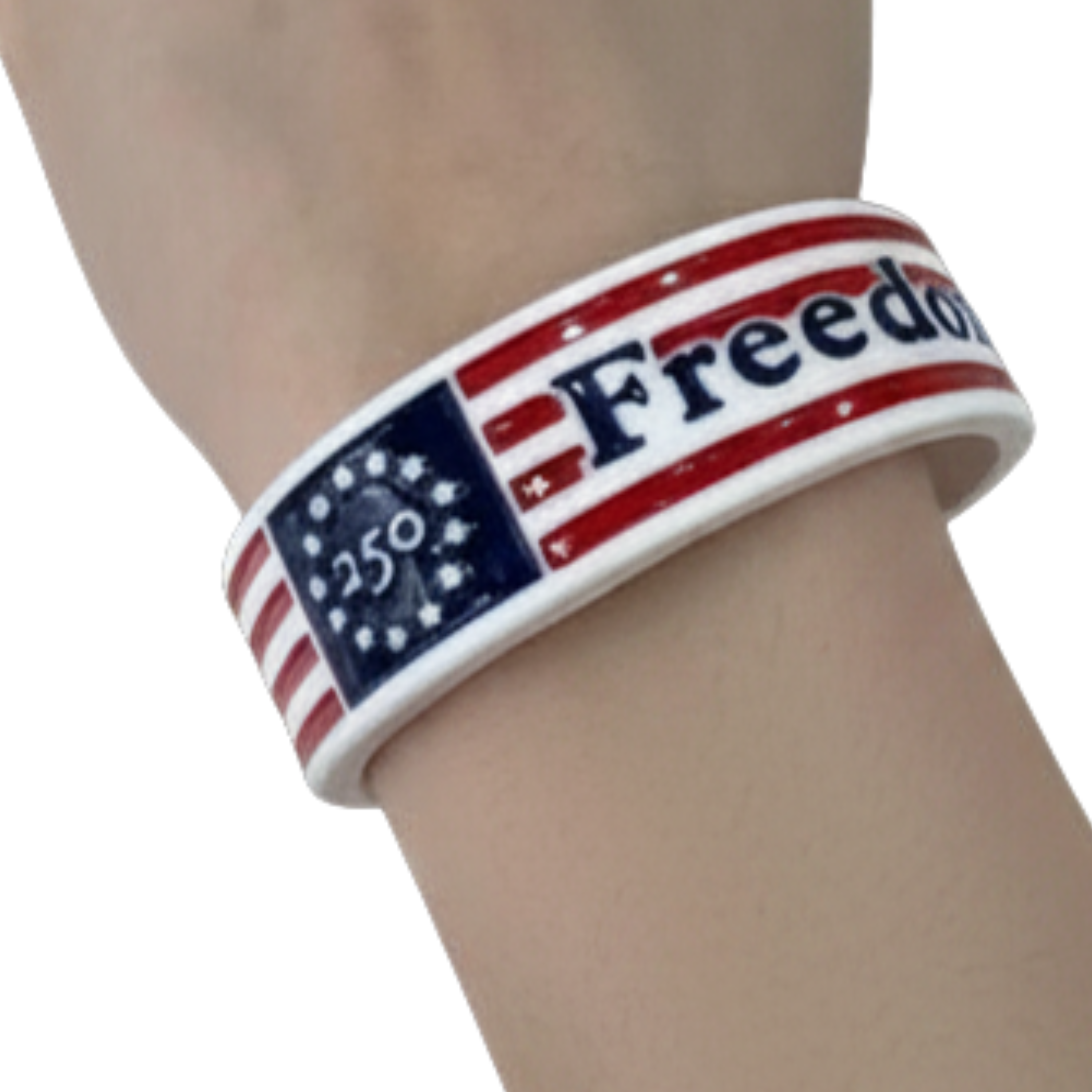Wristband with American flag design and 'Freedom' text on a white background