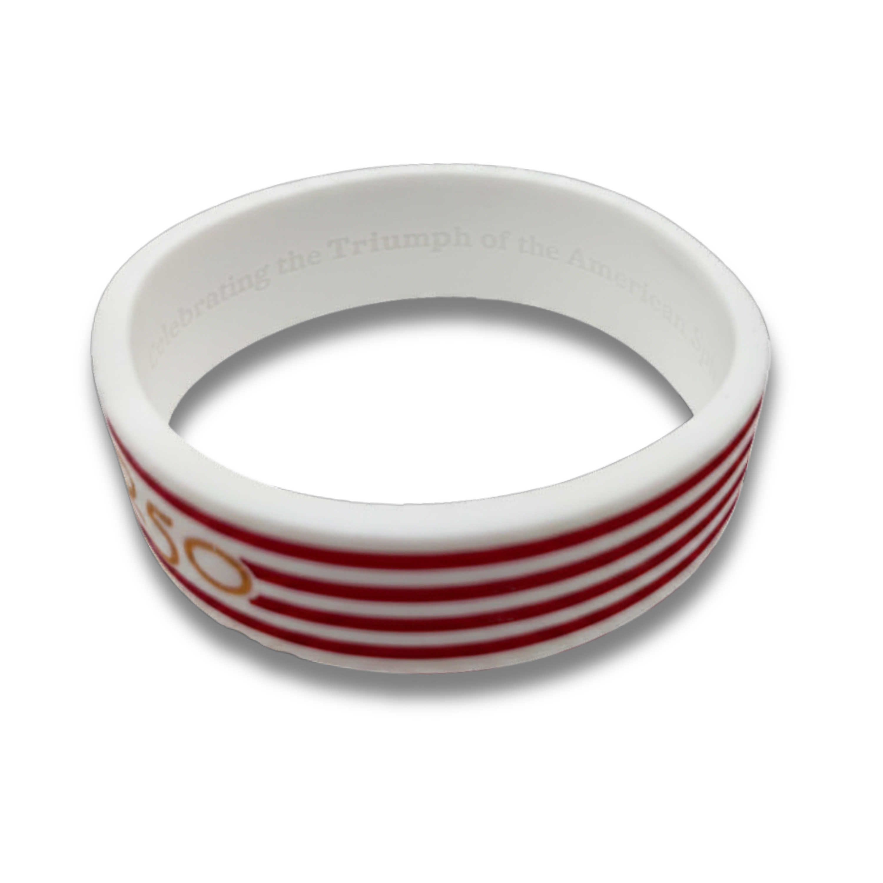 White wristband with red stripes and text on a white background