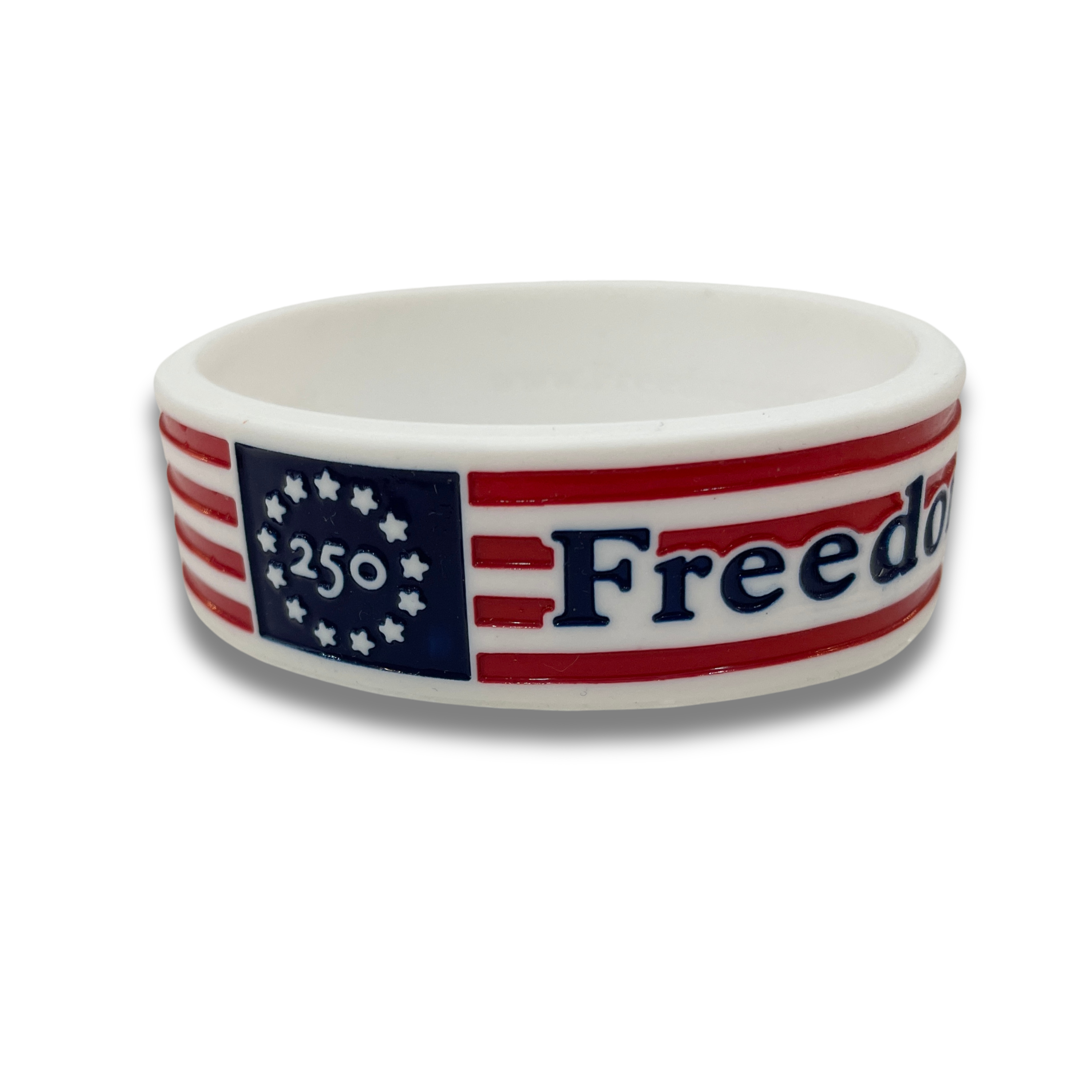 Wristband with American flag design and 'Freedom' text on a white background