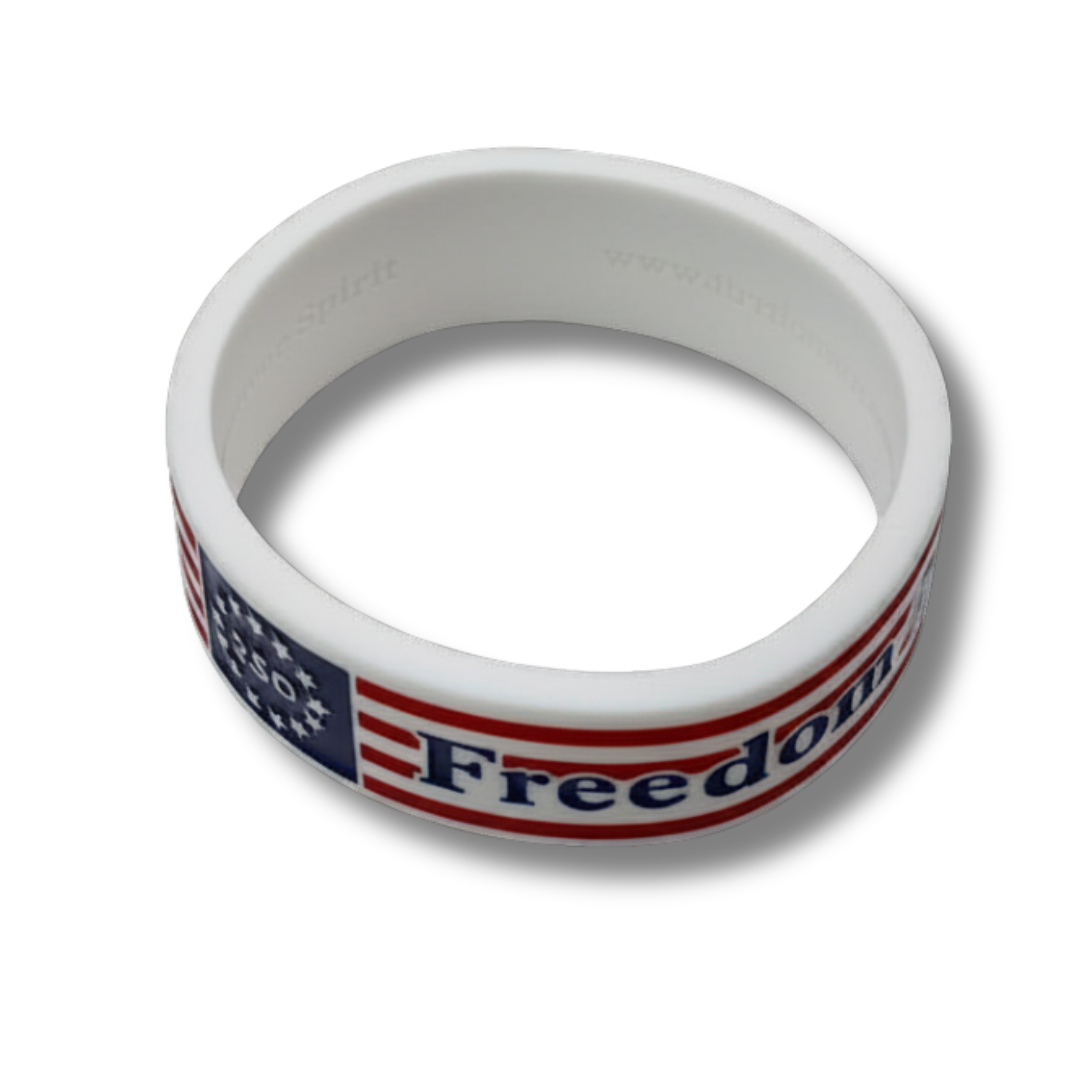 White wristband with American flag design and 'Freedom' text on a white background