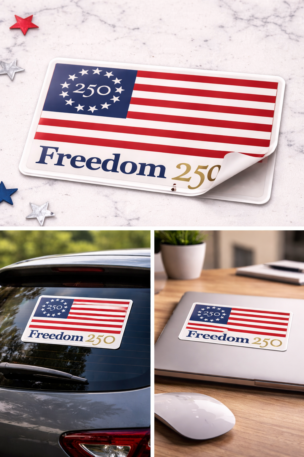 American flag sticker with 'Freedom 250' text on a car, laptop, and mouse.