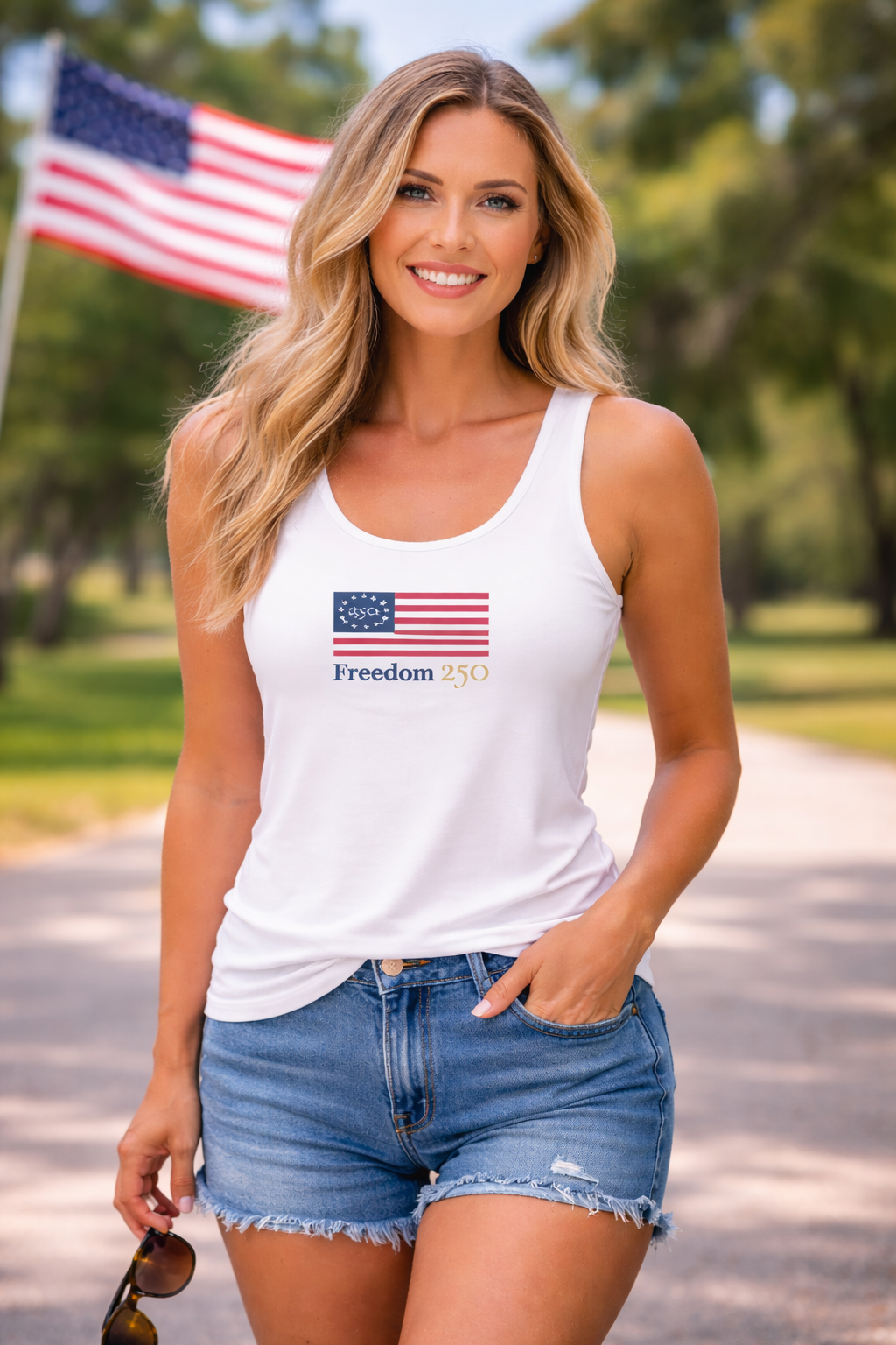 Woman wearing a white tank top with a flag design and text, standing outdoors.