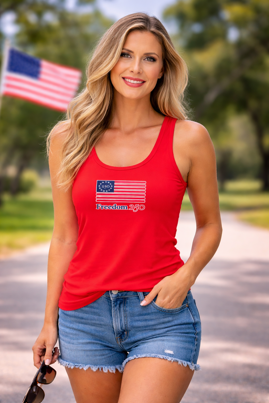 Woman wearing a red tank top with a flag design outdoors