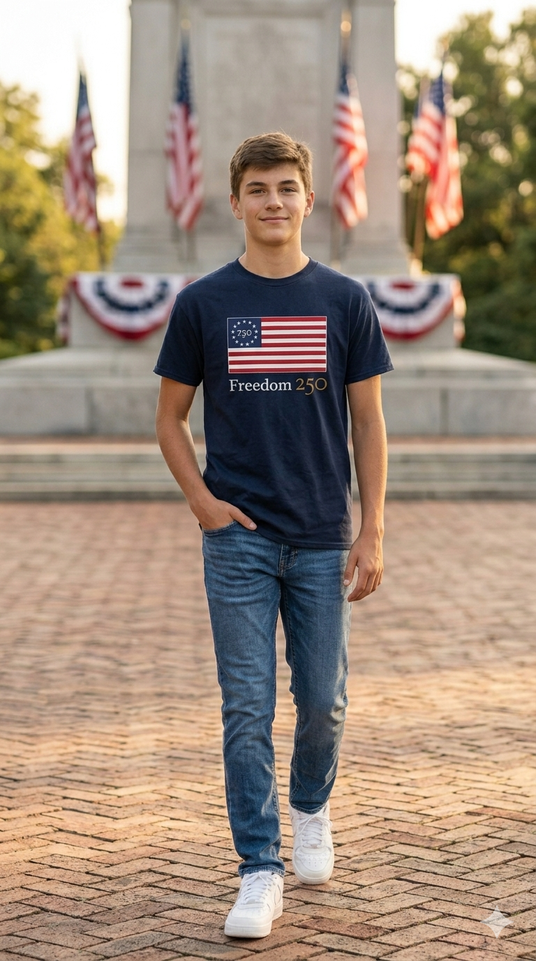 Person wearing a t-shirt with a design in front of a memorial with American flags.