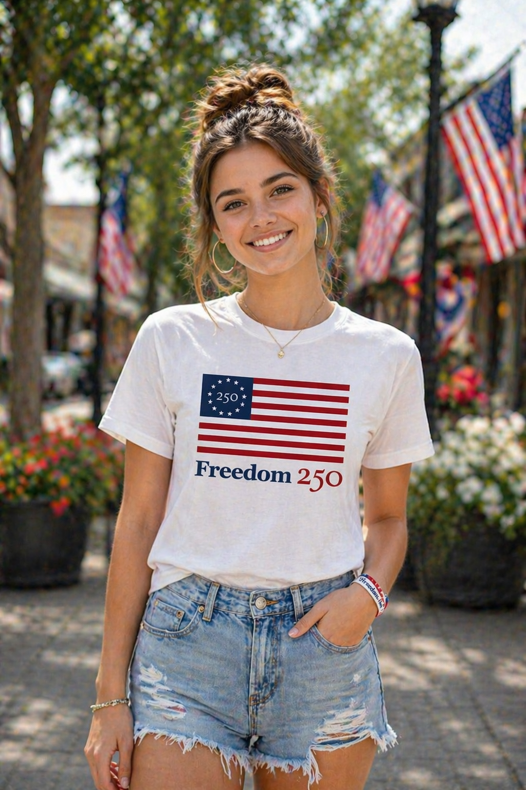 Woman wearing a white t-shirt with an American flag design and 'Freedom 250' text, standing outdoors with flags in the background.