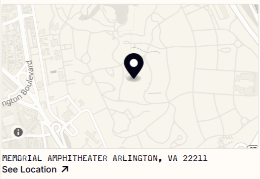 Map with a location pin and text indicating Memorial Amphitheater, Arlington, VA 22211