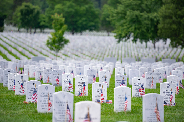 Row of headstones with American flags in a cemetery