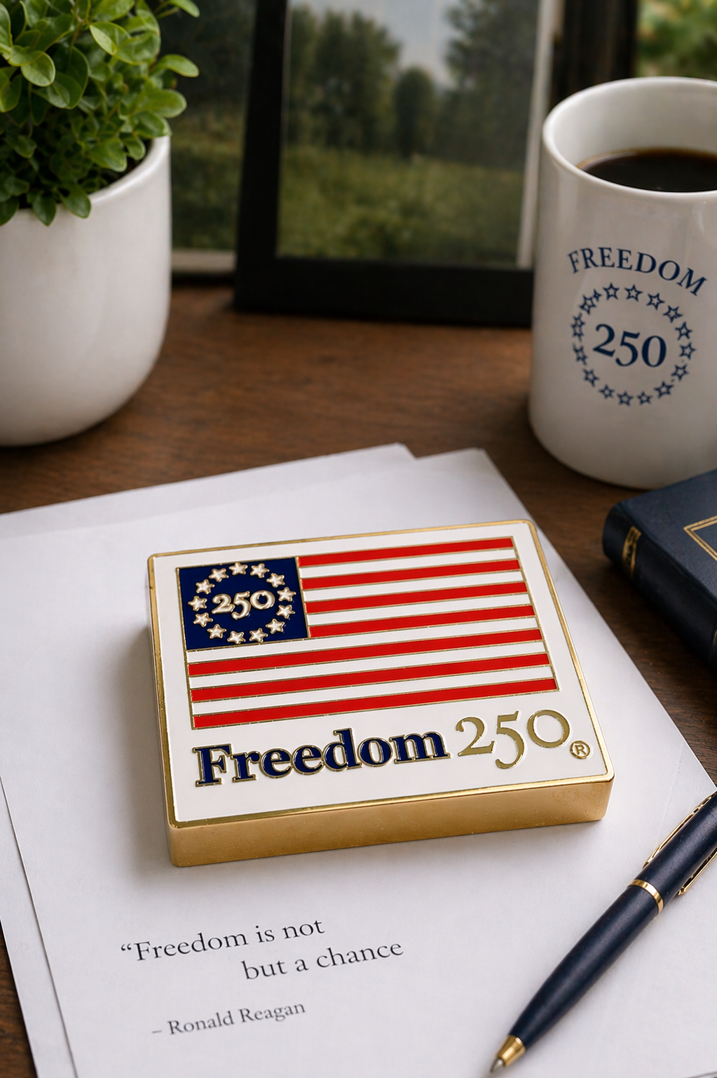 Freedom 250 badge on a book with a cup of coffee and plant in the background