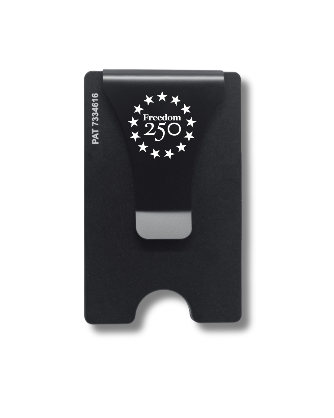 Black cardholder with 'Freedom 250' logo on a white background
