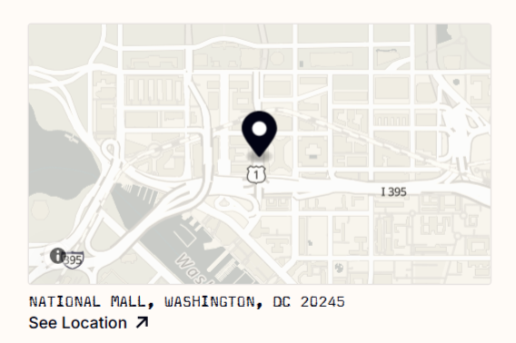 Map of Washington, DC with a location marker on the National Mall.