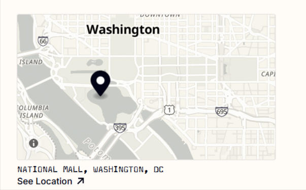 Map of Washington, DC with a black marker indicating the National Mall.