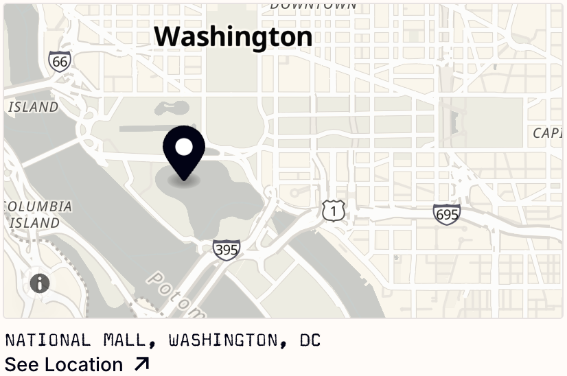 Map of Washington, DC with a black pin marker on the National Mall.