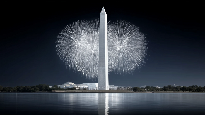 Fireworks exploding behind the Washington Monument with a reflection on the water.