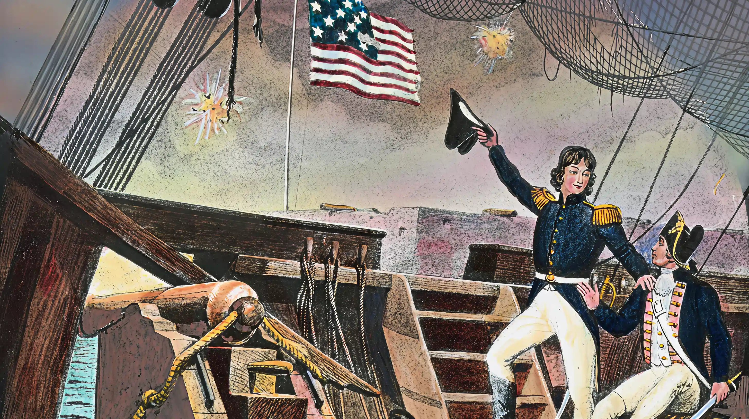 Two men on a ship with an American flag, likely from the American Revolutionary War era.